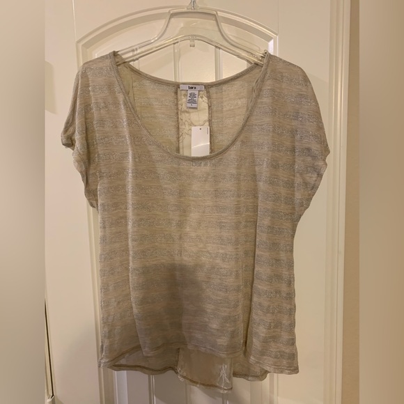 Bar III Tops - Bar III Women’s Gold Sheer Striped Cap Sleeve Hi-Low Top w/Lace l Large l NWT